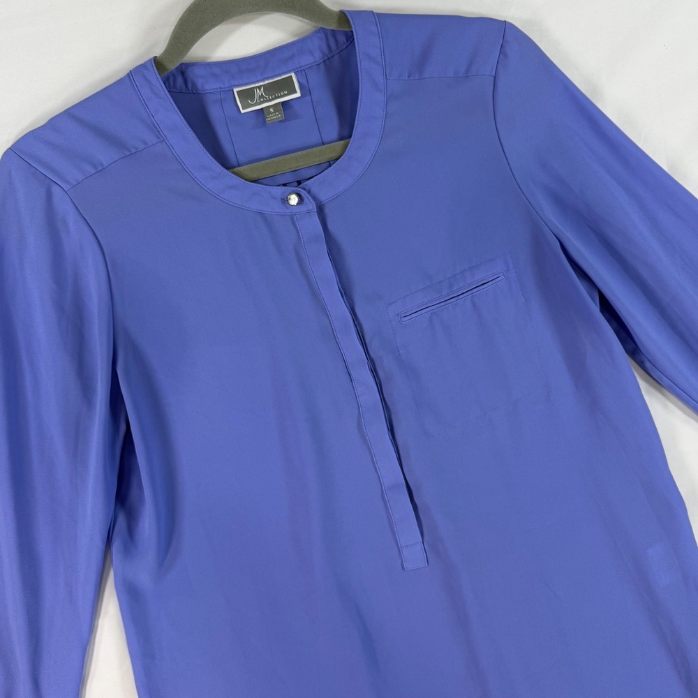 JM Collection Womens Periwinkle Blue 3/4 Sleeve Henley Blouse Pleated Back Small